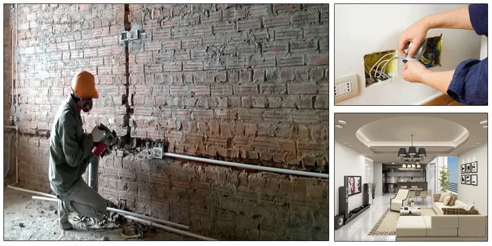 Sử dụng mũi khoan tường SDS Plus để khoan lỗ xuyên tường bê tông cho việc đi dây điện âm tường.