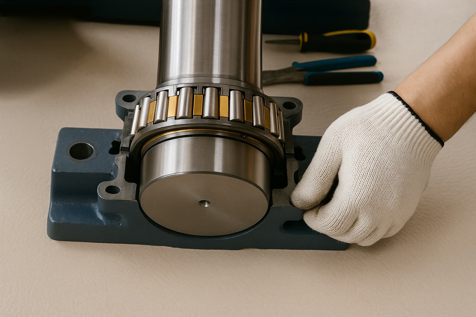 Hình ảnh minh họa quy trình sử dụng trục gá (assembly mandrel) chuyên dụng để lắp đặt vòng bi kim với lồng giữ đúng kỹ thuật, tránh hư hỏng.