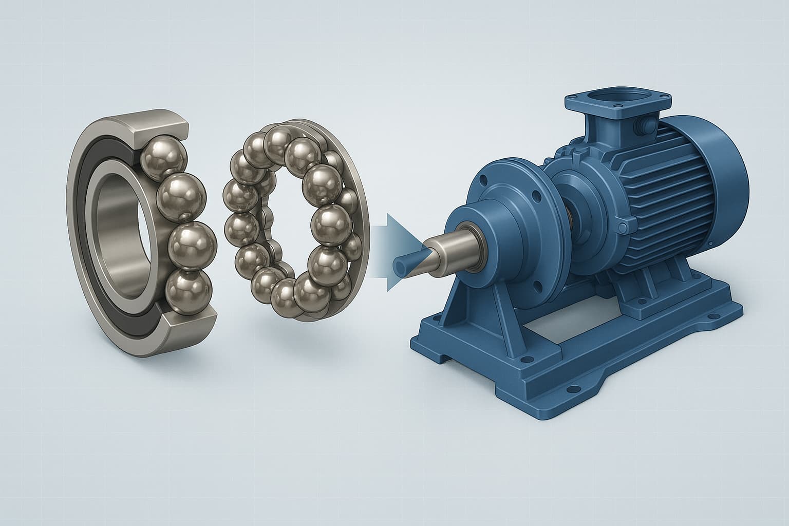 Minh họa quy trình lắp đặt vòng bi cầu tự lựa lỗ côn bằng ống lót adapter và đai ốc hãm, lưu ý việc kiểm soát khe hở.