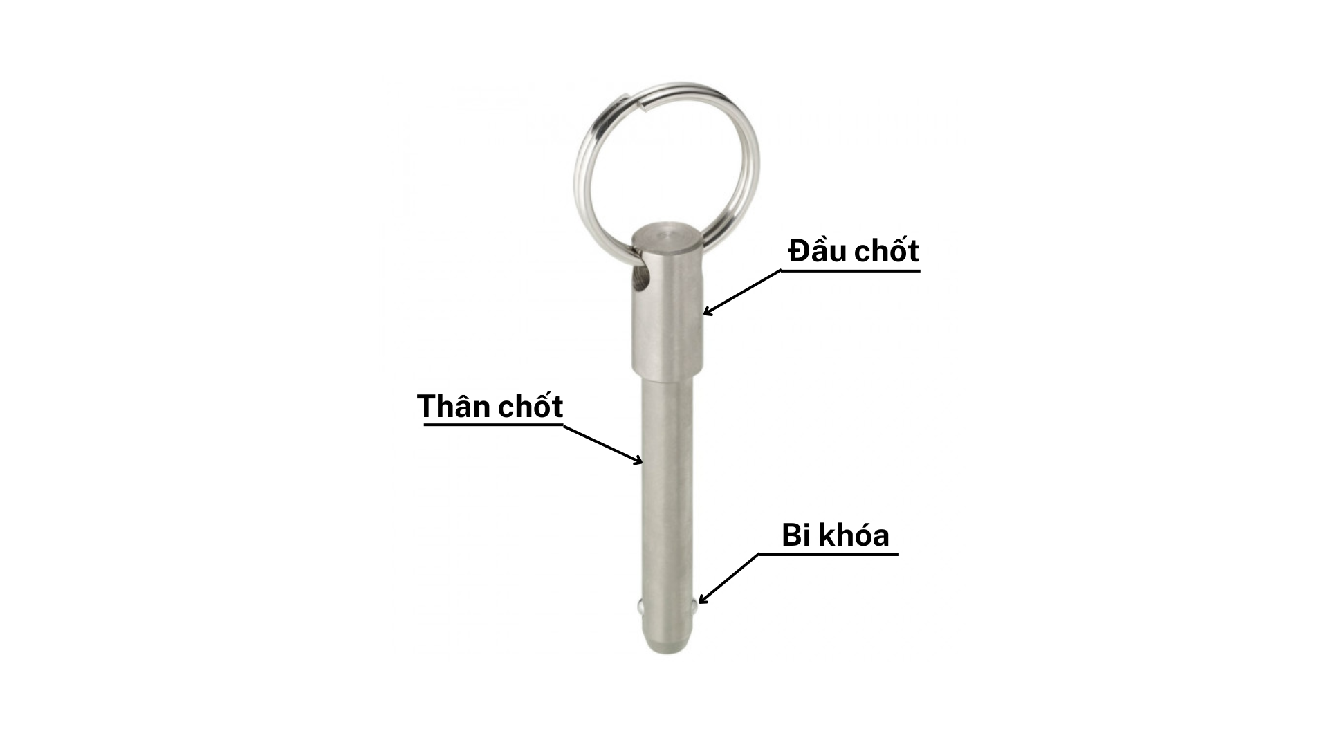 Bản vẽ cấu tạo chi tiết Ball Lock Pins, thể hiện đầu chốt, thân chốt, bi khóa