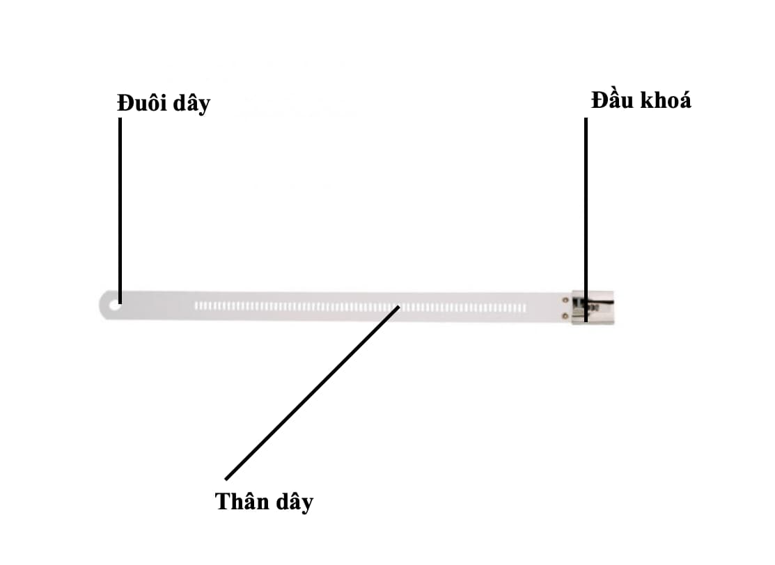 Bản vẽ cấu tạo dây rút thép với đầu khóa, thân dây và đuôi dây tiện lợi.