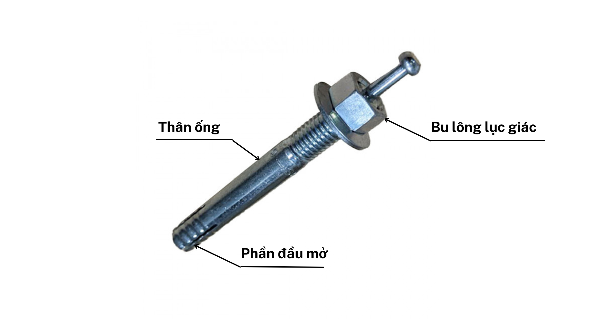 Bản vẽ kỹ thuật tắc kê nở đinh Sanko, hiển thị thân ống, bu lông lục giác và phần đầu mở.