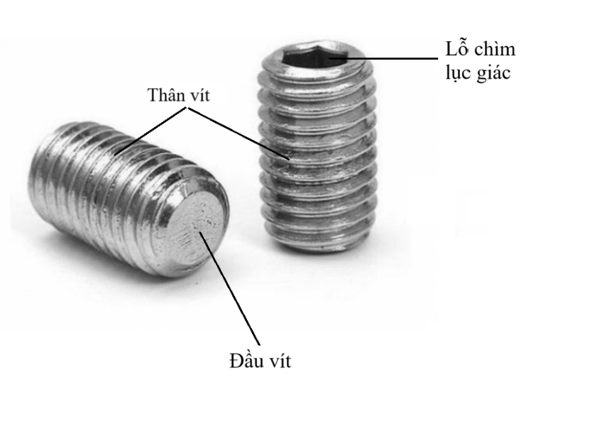 Vít Trí Đuôi Bằng dạng hình trụ, có lỗ chìm lục giác. Thân bulong: Hình trụ, có ren