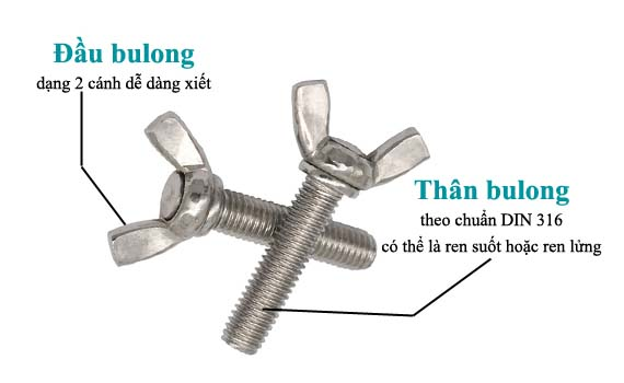 Cấu tạo chi tiết gồm phần đầu cánh chuồn và phần thân hình trụ có ren suốt hoặc ren lửng