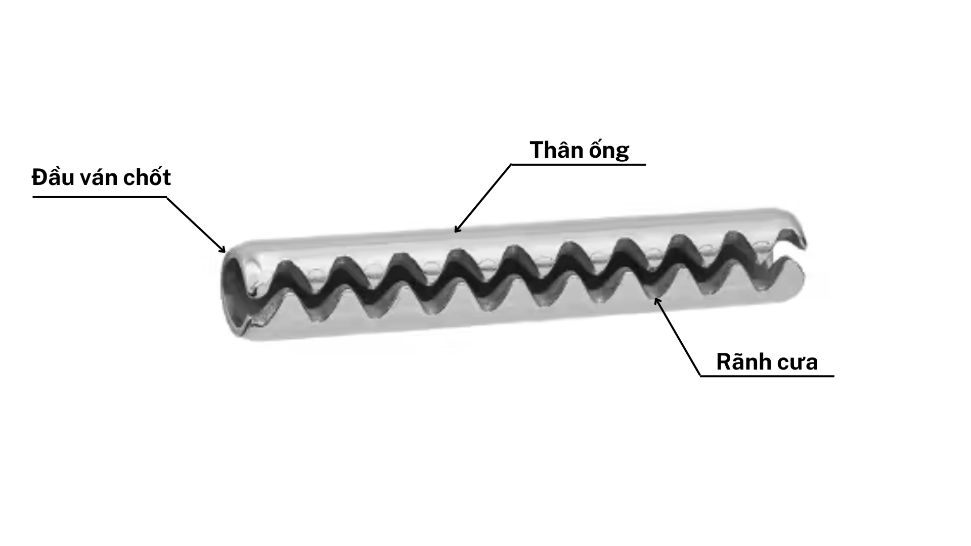 Cấu tạo chi tiết của chốt răng cưa gồm thân ống, rãnh cưa và đầu chốt vát