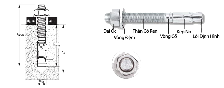 Sơ đồ cấu tạo tắc kê nở 3 cánh với áo nở, thân bulong, đai ốc và vòng đệm