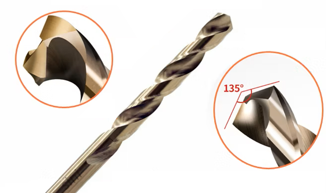 Hình dáng đầu mũi 135° của mũi khoan sắt thép gió HSS.