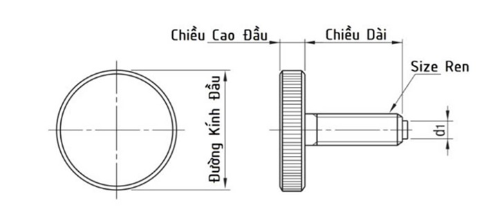 bản vẽ kỹ thuật knurled knob gồm các thông tin như chiều dài, chiều cao đầu, đường kính đầu...