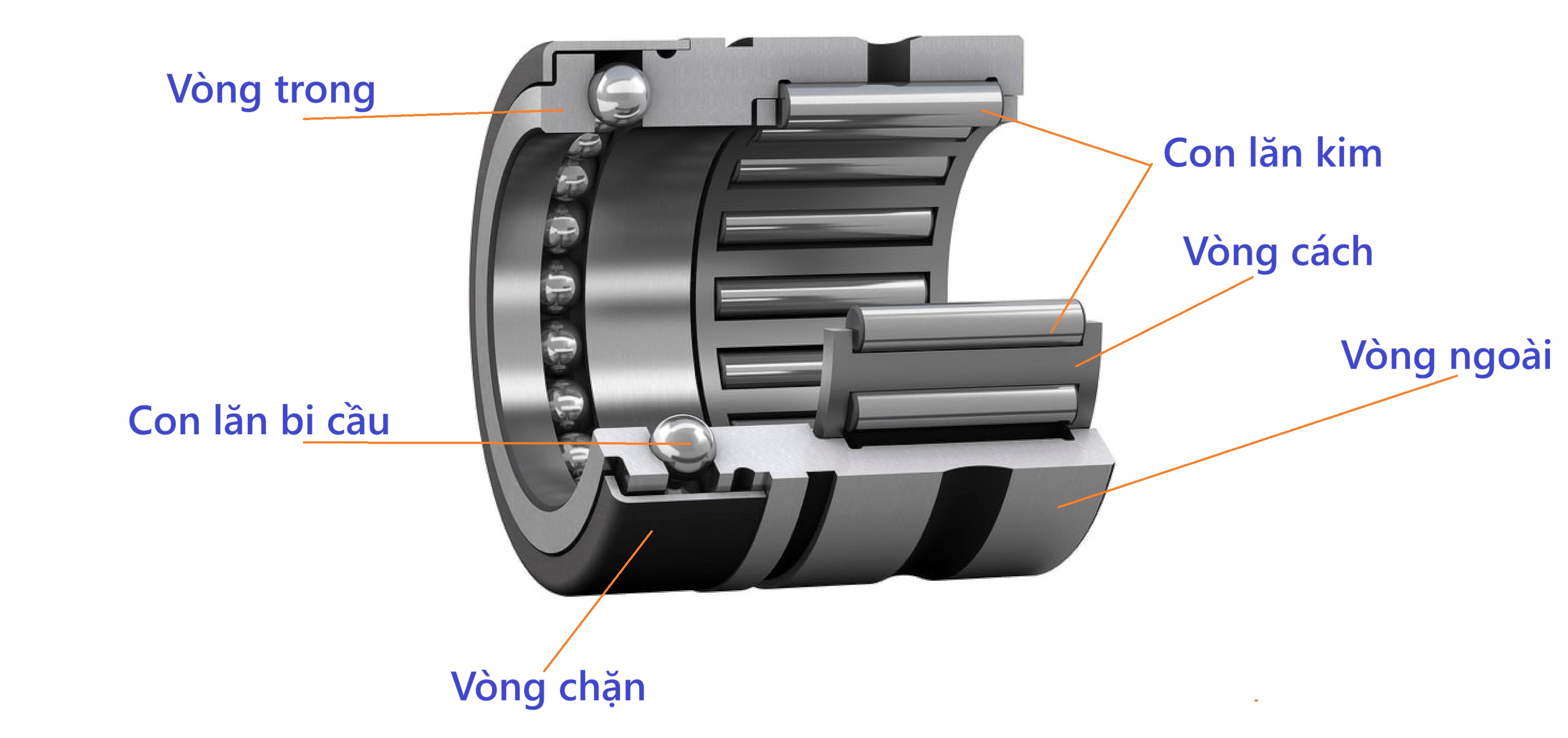 Sơ đồ cấu tạo minh họa chi tiết bộ phận chịu tải hướng tâm (lăn kim) và bộ phận chịu tải dọc trục (bi hoặc đũa).